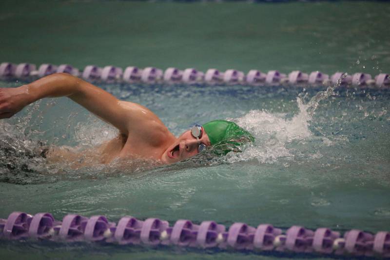 L-P Co-op's Tucker Ditchfield competes in the 400 yard freestyle event during a triangular meet against Morrison and Olympia on Wednesday, Jan. 22, 2025 at the Illinois Valley YMCA in Peru.
