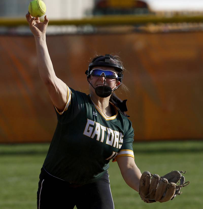 Crystal Lake South's Alexis Pupillo makes the trow to first base to get the runner during a Fox Valley Conference softball game Monday, May 9, 2022, between McHenry and Crystal Lake South at McHenry High School.