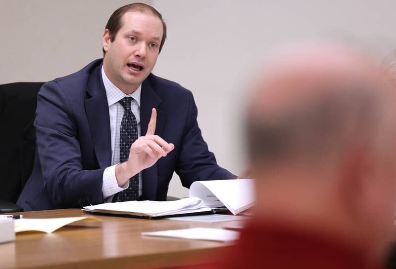 DeKalb City Attorney Matt Rose makes a point Friday, Jan. 13, 2023, during a City of DeKalb Electoral Board hearing. The hearing was held to decide if incumbent Scott McAdams, who is running unopposed for DeKalb’s 5th Ward aldermanic seat, should be removed from the ballot due to objections filed by two residents regarding signatures and filing procedure.