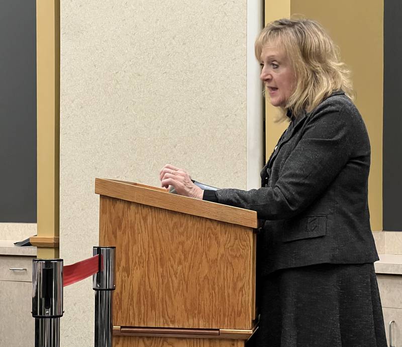 The Chicago area Government and Regulatory Affairs Manager for Comcast, Joan Sage spoke during a public hearing on Oct. 11, 2023 about a renewed franchise agreement between the telecommunication company and DeKalb county.