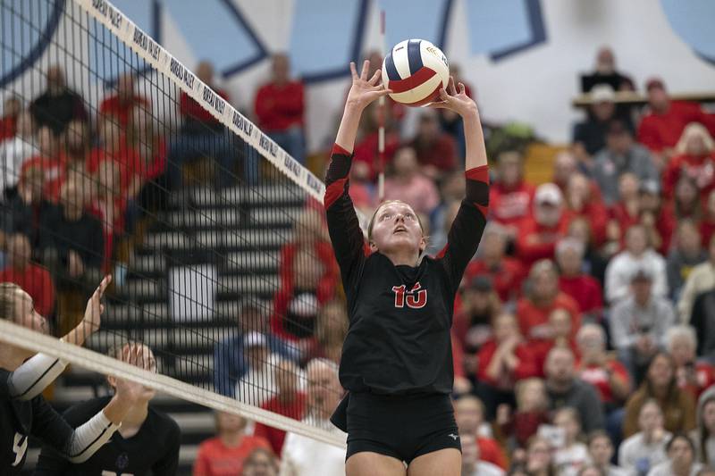 Erie-Prophetstown’s Kaylee Keegan sets the ball against El Paso-Gridley Thursday, Nov. 7, 2024, during the class 2A volleyball sectional championship at Bureau Valley High School.