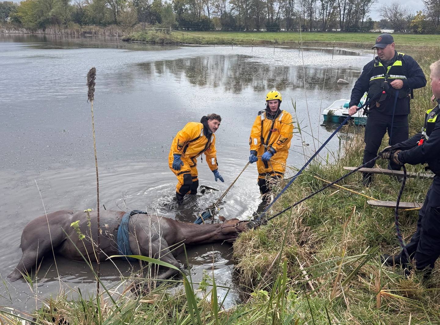 The McHenry Township Fire Protection District assisted in the rescue Oct. 21, 2025 of a horse that wandered off from R Double J Ranch and got stuck in a muddy pond.