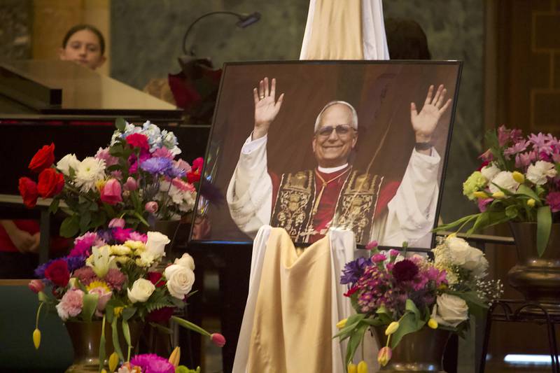 A photo of newly-elected Pope Leo XIV seen at a Mass on Friday, May 9, 2025, at Cathedral of St. Raymond Nonnatus in Joliet.
