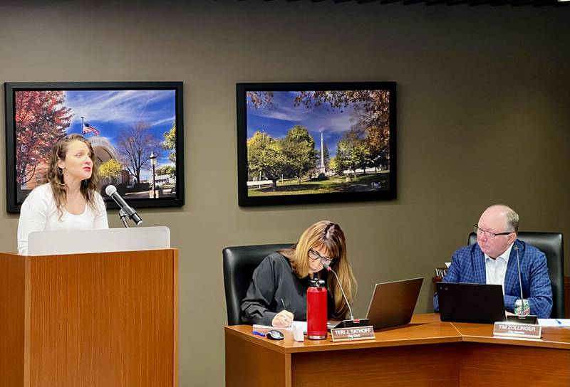 Governmental Affairs Director for IllinoisREALTORS, Neeley Erickson, addresses the Sterling City Council regarding its newly adopted ordinance establishing a residential rental housing code and inspection program on March 17, 2025.