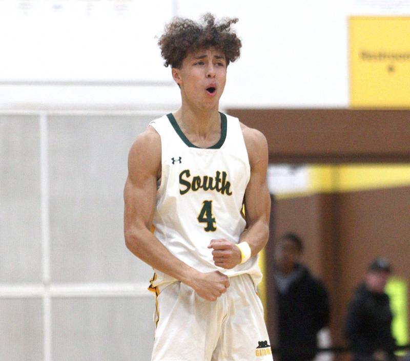 Crystal Lake South’s AJ Demirov celebrates after hitting a three pointer against Barrington in Hinkle Holiday Classic boys basketball tournament game action at Jacobs High School Tuesday.