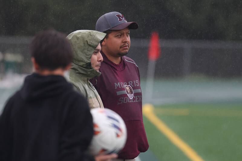 Morris head coach David Valdivia, right, stands on the sidelines against Plainfield Central on Monday, Sept. 11, 2023 in Plainfield.