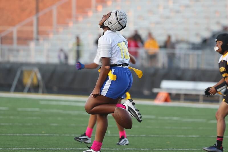 Joliet Central’s Jamaria Holmes reacts after the near interception against Joliet West on Wednesday, Oct. 2, 2024 in Joliet.