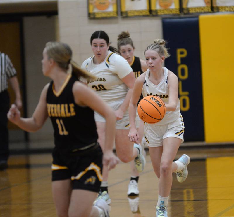 Polo's Carlee Grobe leads the break against Riverdale during a Saturday, Jan. 18, 2025 game at Polo High School.