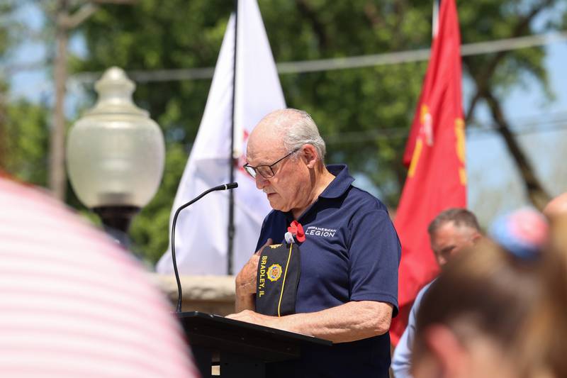 Chaplain Terry Walthers leads the closing prayer during the Bradley American Legion's Memorial Day ceremony on Monday, May 25, 2026.