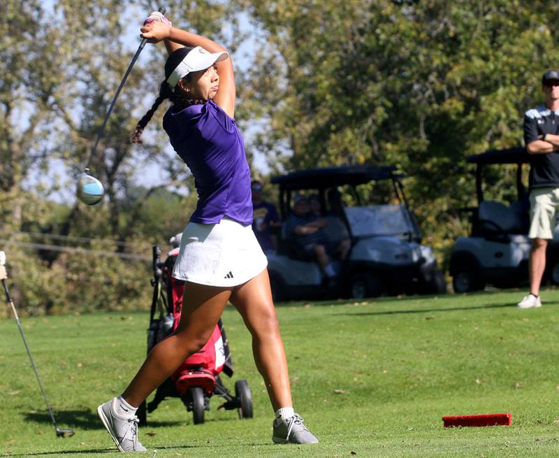 Mendota's Kamilah Preciado tees off during the Class 1A Regionals on Tuesday, Sept. 30, 2025 at Spring Creek Golf Course in Spring Valley.