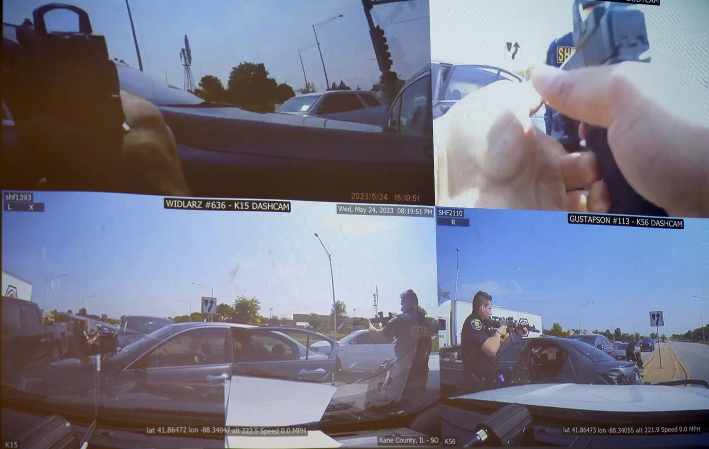 Body camera and vehicle cameras from Kane County deputies when three Kane County deputies during an altercation where they shot and killed James Moriarty on May 24, 2023 on Randall Road in Batavia during a press conference Friday, April 11, 2025 at the Kane County Sheriff's Office in St. Charles Ill.