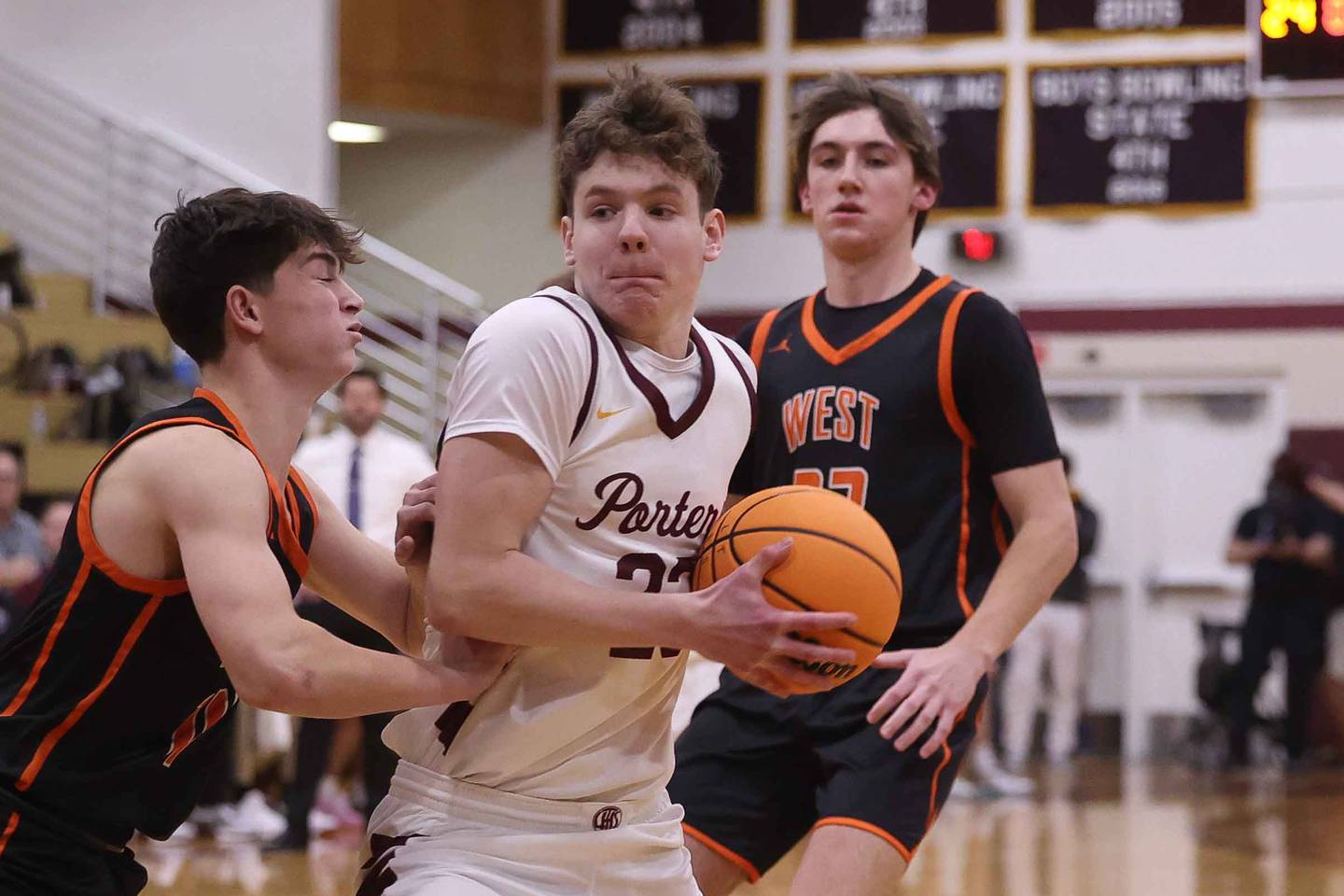 Lockport’s Collin Miller works to the basket against Lincoln-Way West on Friday, Dec. 6, 2024 in Lockport.