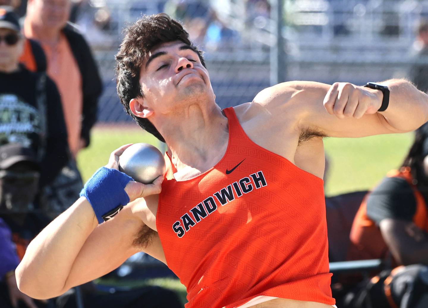 Sandwich’s Luis Murillo takes one of his throws in the shot put Wednesday, May 20, 2026, during the Class 2A boys track sectional at Rochelle High School.