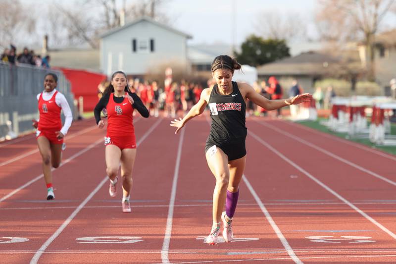 Momence's Jaliyah Wright finishes at the top of her heat in the 100-meter dash during the Boilermaker Invite on Thursday, April 3, 2025. Wright would take third overall.