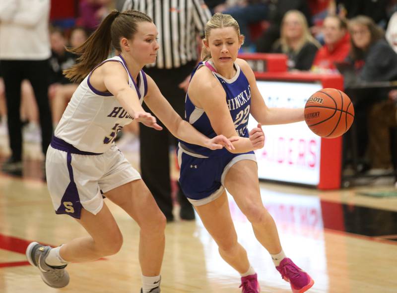 Hinckley-Big Rock's Anna Hermann drives down the court as Serena's Jenna Setchell guards her during the Little Ten Conference championship game on Friday, Jan. 24, 2025 at Earlville High School.