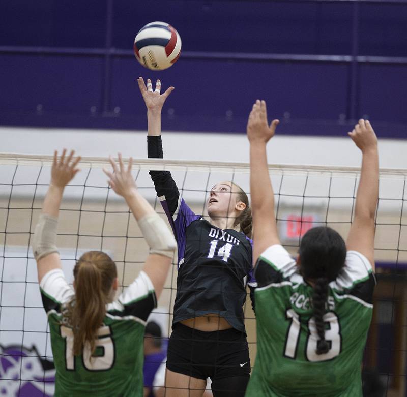 Dixon’s Leah Carlson plays the ball against Rock Falls Thursday, Sept. 18, 2025.