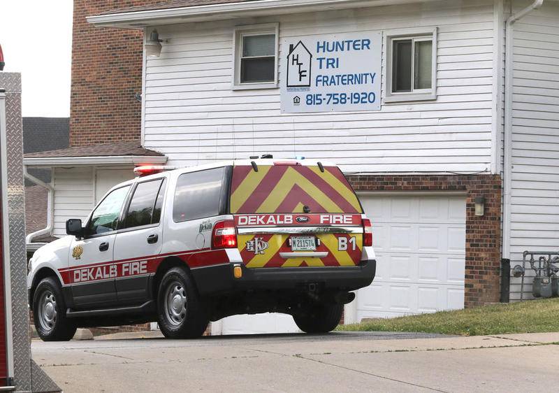 A DeKalb Fire Department vehicle sits next to the property at 930 Greenbrier Road after a call from the location about a string material on fire in a hallway that was quickly extinguished. This building was the site of a fire last Thursday that damaged the ground level floor and displaced residents.