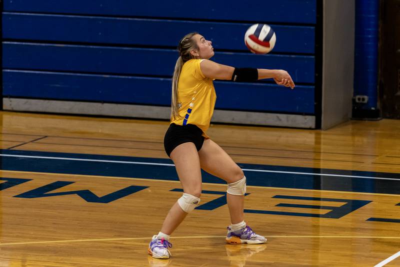 Joliet Central's Camryn Brown passes to a teammate during a varsity volleyball home game against Plainfield South on Sept. 18, 2025.