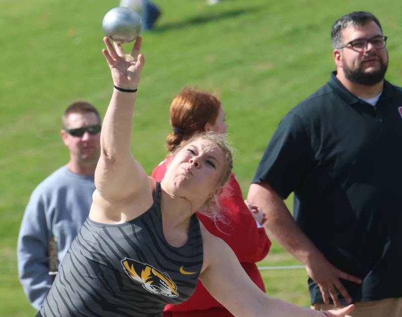 Herscher's Henna Mullikin throws shot put during the Class 2A Sectional track meet on Wednesday, May 13, 2026 in the Jeff Prusator Athletic Complex at Mendota High School.