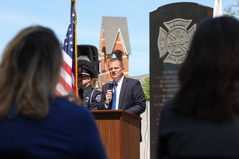 Kankakee County State's Attorney Jim Rowe speaks during the Kankakee County Law Enforcement Memorial on Thursday, May 14, 2026, at the Kankakee County Courthouse.