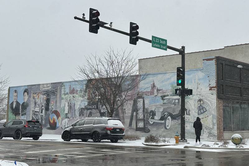 A pedestrian walks through the light snow at the corner of La Salle Street and Jefferson Street on Wednesday, Feb. 12, 2025 downtown Ottawa.