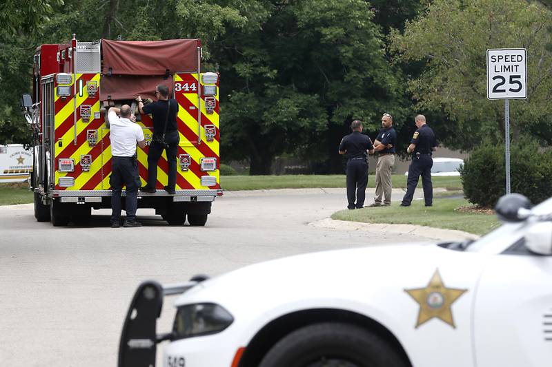 A Crystal Lake Fire Department appears on the scene a domestic incident in which four people were killed, including three females and a male "aggressor," on Wednesday Aug. 9, 2023, in the 5800 block of Wild Plum Road in unincorporated Crystal Lake.
