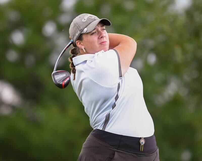 Plainfield North Grace Gilbert tees off in the back half of the regional match up on Thursday Sep. 28, 2023, held at Whitetail Ridge in Yorkville.