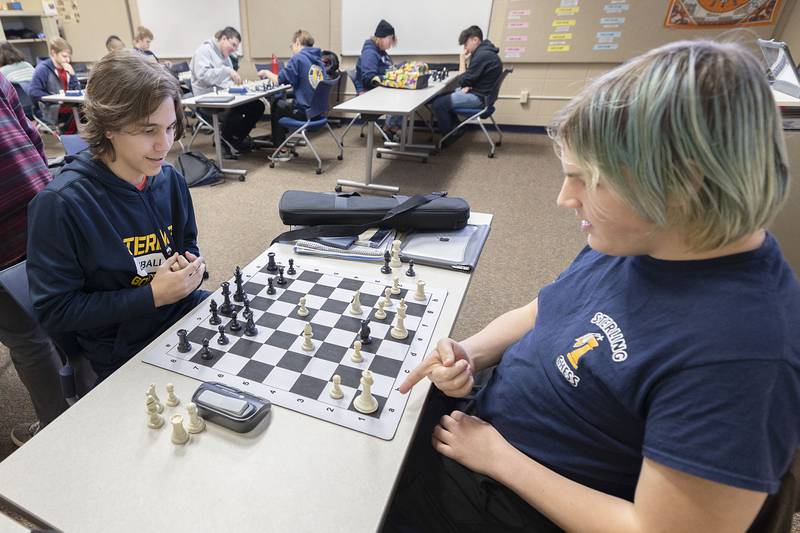 Sterling High School freshmen Jacob Marruffo, left, and Xander Knowles play a quick five-minute game during team chess practice Wednesday Jan. 25, 2023 at the school.
