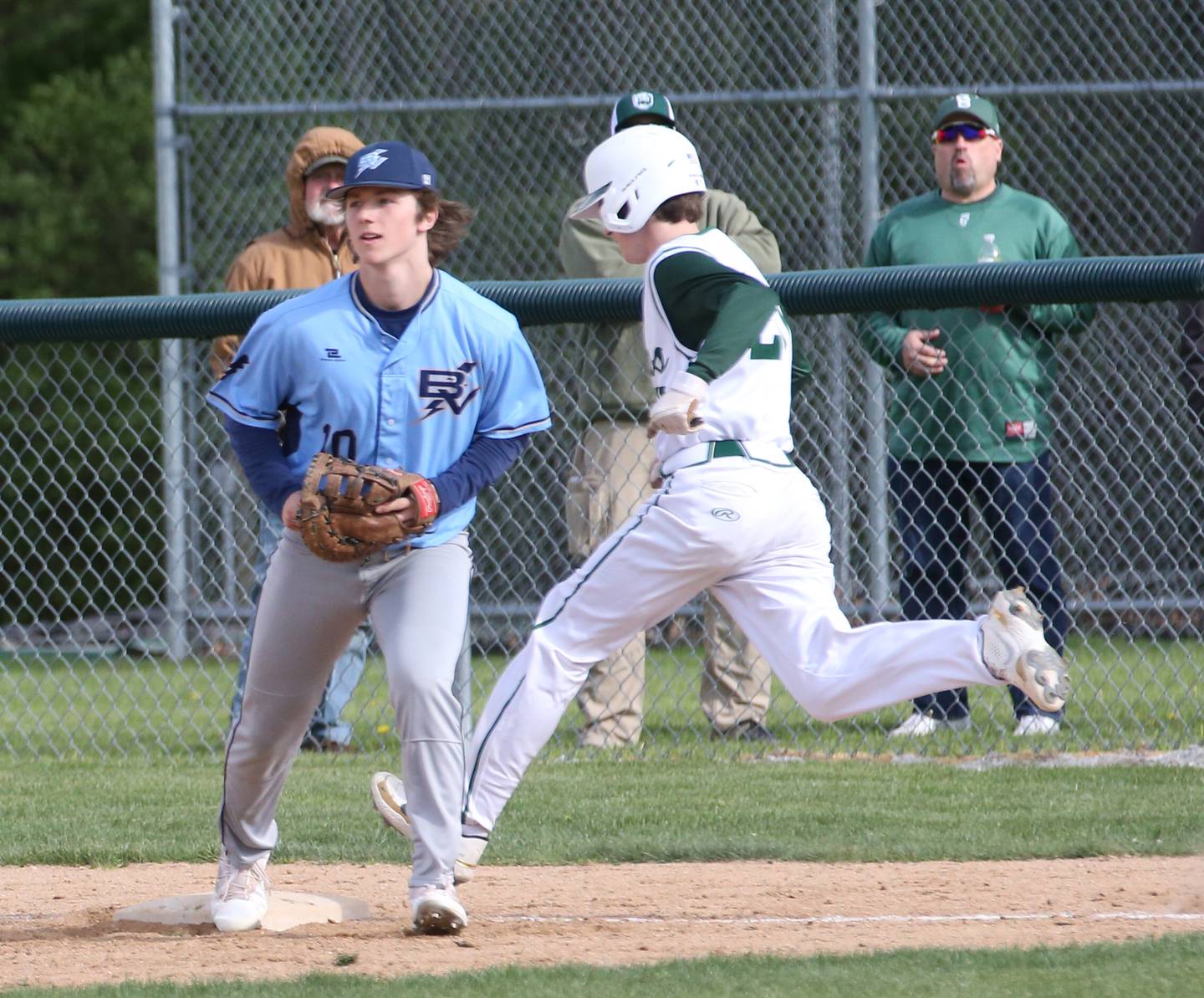 Bureau Valley's Sam Wright catches the ball at first base to force out St. Bede's Guss Burr on Monday, May 1, 2023 at St. Bede Academy.