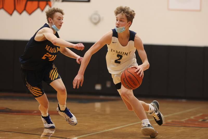 Lemont’s Rokas Castillo makes a move against Neuqua Valley in the Warrior Showdown shootout at Lincoln-Way West. Saturday, Jan. 29, 2022 in New Lenox.