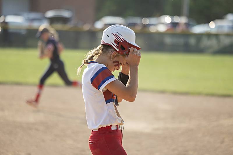 Morrison’s Bella Duncan reacts to the final out in a loss against West Central Wednesday, May 24, 2023 during Class 1A sectional semifinal at St. Bede Academy.