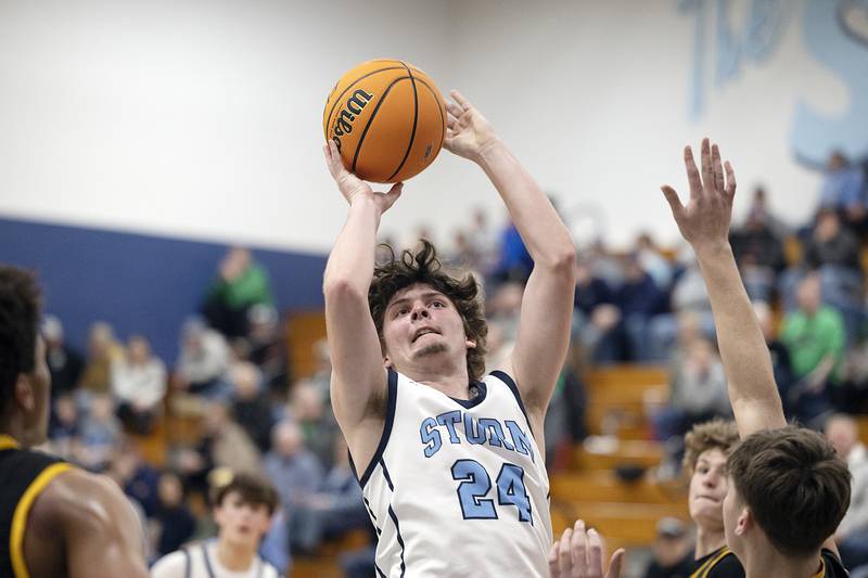 Bureau Valley’s Landen Birdsley puts up a shot against Riverdale Wednesday, Feb. 26, 2025, at the Class 2A Regional semifinal at Bureau Valley High School.