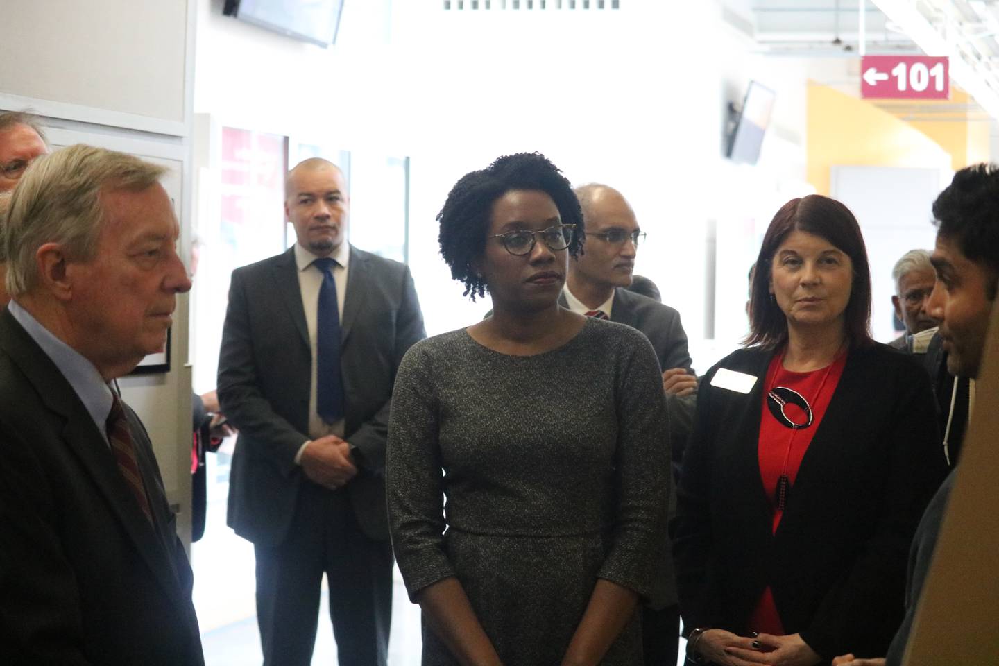 U.S. Sen. Dick Durbin (left), U.S. Rep. Lauren Underwood (center) and NIU president Lisa Freeman (right) take a tour of NIU's College of Engineering and Engineering Technology, shown here April 5, 2023.