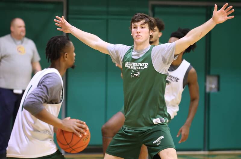 Former Indian Creek High School basketball player Brennen McNally, now at Kishwaukee College, plays defense during practice Wednesday, Jan. 11, 2023, at the school.