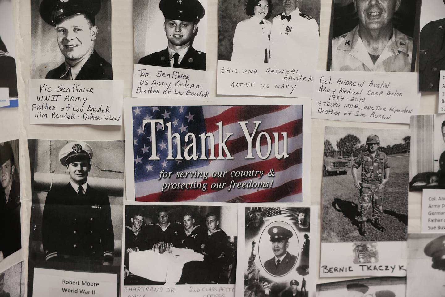 A Thank You collage honoring local veterans sits on display at the Veterans Day service at the American Legion Post 1080 in Joliet on Friday.