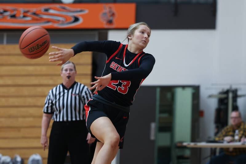 Lincoln-Way Central’s Brooke Baechtold tries to save the ball against Lincoln-Way West on Tuesday, February 7th..