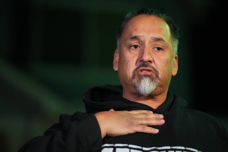 Richard Fierro talks during a news conference outside his home about his efforts to subdue the gunman in Saturday's fatal shooting at Club Q, Monday, Nov. 21, 2022, in Colorado Springs, Colo. (AP Photo/Jack Dempsey)
