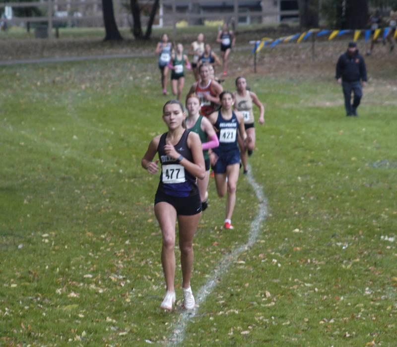 Dixon's Daniela Lovett runs in the first lap of the girls race. Sterling hosted their Cross Country final at Hoover Park on Saturday, October 25, 2025.