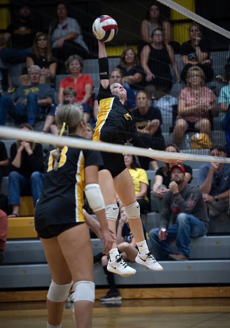 Herscher's Meah Gessner delivers a hit in a match against Clifton Central on Monday, September 29, 2025.