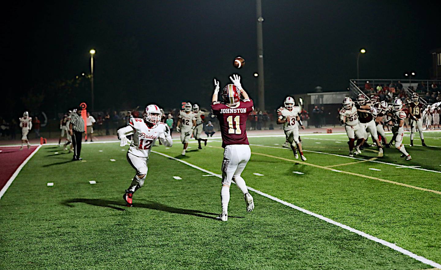 Morris' Myles Johnston makes a catch for a nine-yard touchdown Friday night in a 49-0 win over Ottawa. Johnston had three catches for 75 yards and two TDs.