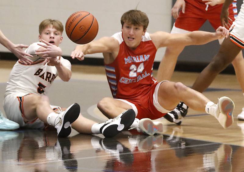 DeKalb's Tyler Vilet passes to his teammate as gains control of a loose ball in front of Marian Central's Christian Bentancur during a Central High School’s Dr. Martin Luther King, Jr., Boys Basketball Tournament game Friday, Jan. 13, 2023, at Central High School in Burlington.