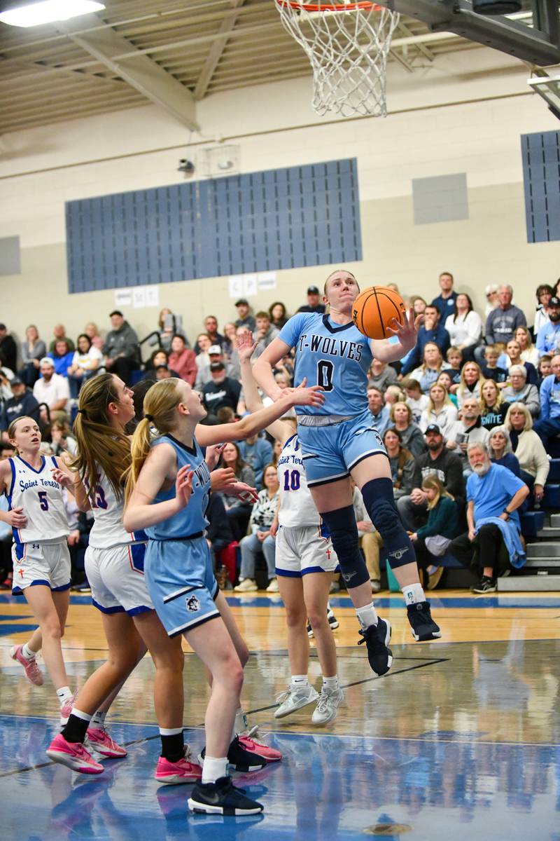 Cissna Park's Addison Lucht goes for a layup during the Timberwolves' 47-35 victory over St. Teresa in the IHSA Class 1A Blue Ridge Super-Sectional on Monday, March 3.