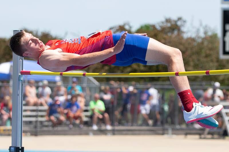 June 17, 2021- Charleston, IL -Morrison's Skylar Drolema  competes in the Class 1A High Jump during IHSA Boys State Track and Field Finals.