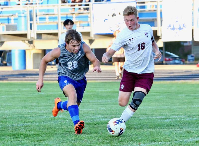 Princeton senior Izaiah Smalllwood chases after the.ball against IVC's Lucas Tanner in Thursday's match at the Bryant Field pitch. IVC won 3-2;.