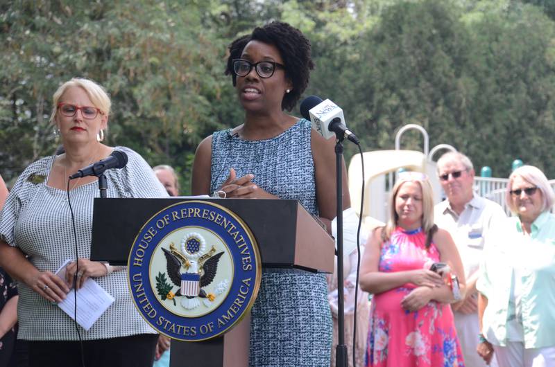 Rep. Lauren Underwood announces federal funding for 19 projects in the 14th congressional district at Knights Park in Sandwich. (Lucas Robinson - lrobinson@shawmedia.com)