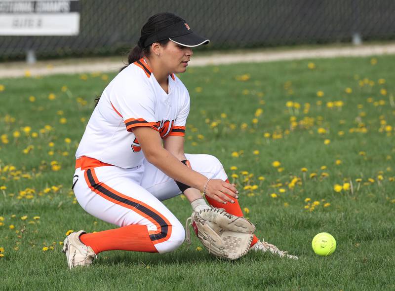 DeKalb's Isabel Aranda plays the ball on a bounce Friday, May 2, 2025, during their game against Sycamore at DeKalb High School.