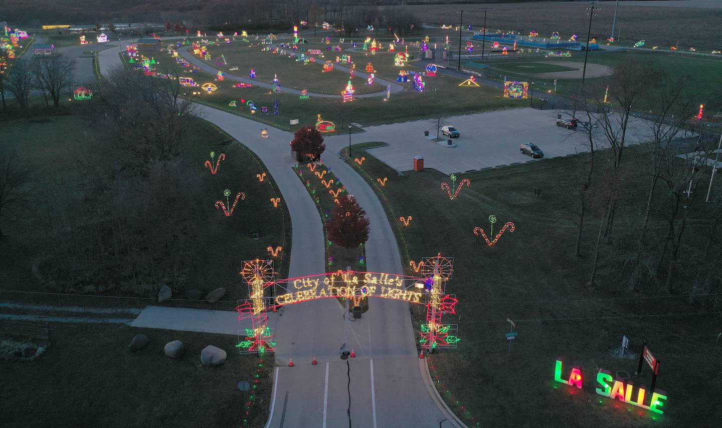 An aerial view of the Celebration of Lights display on Monday, Nov. 10, 2025 at Rotary Park in La Salle.