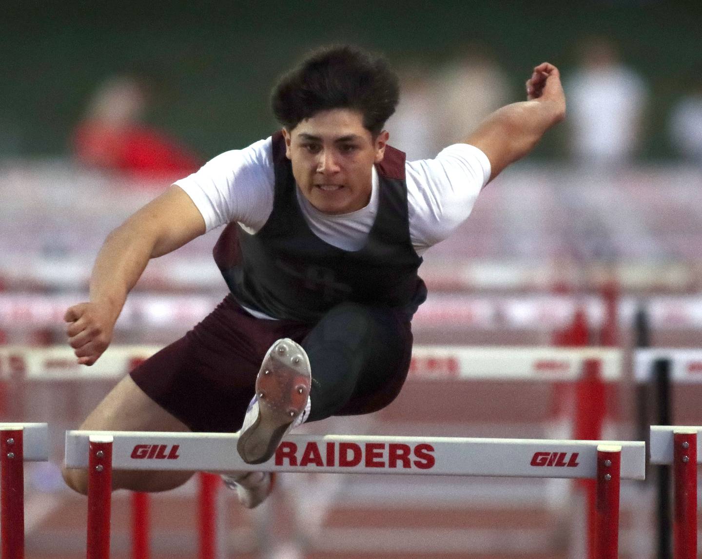 Prairie Ridge’s Alexander Trejo wins the 110-meter hurdles in Fox Valley Conference boys track and field meet action at Huntley High School in Huntley on Thursday, May 15, 2025.