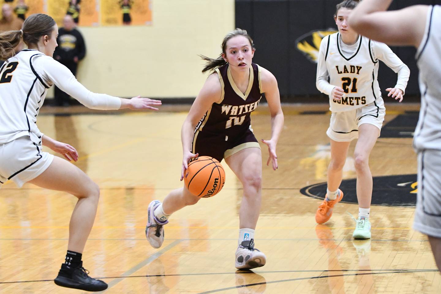 Watseka's Christa Holohan drives to the lane during the Warriors' 50-24 victory over Reed-Custer in the IHSA Class 2A Herscher Sectional semifinal on Tuesday, Feb. 25.