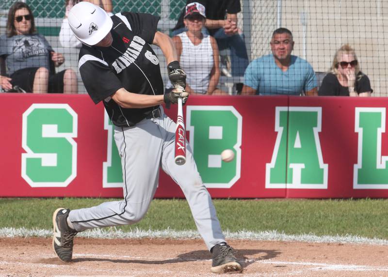 Kaneland's Dylan Borysewicz gets a hit against L-P on Tuesday, May 13, 2025 at Huby Sarver Field at the L-P Athletic Complex in La Salle.